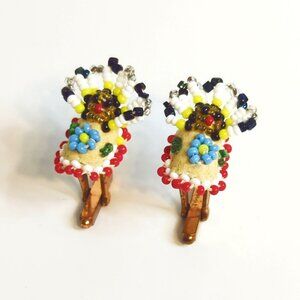 Vintage Handmade Beaded Seed Bead Cufflinks Southwestern Floral Copper